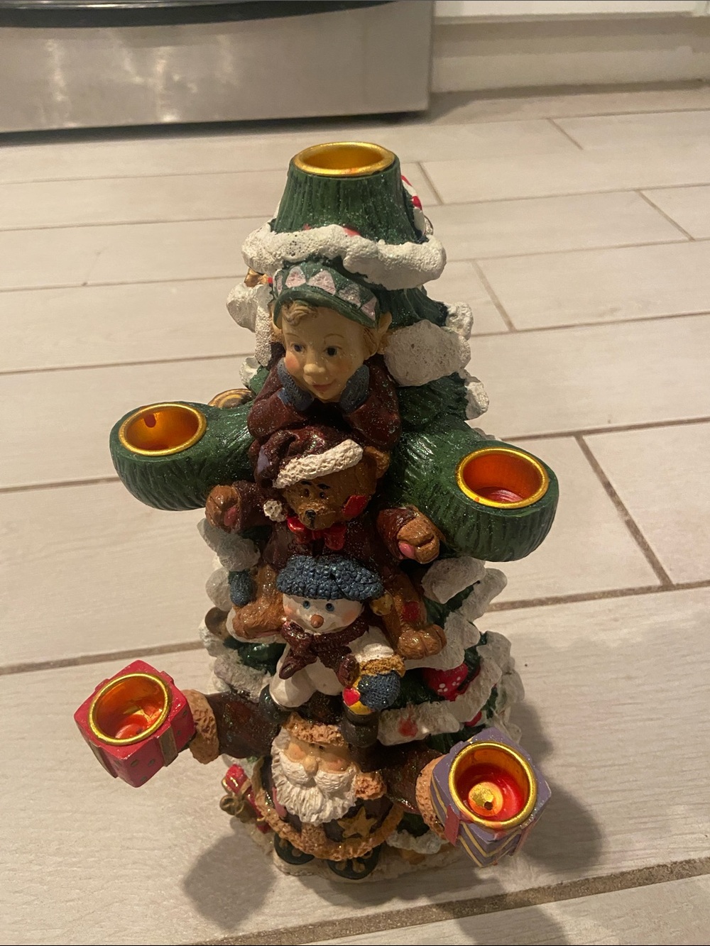 Green Christmas Tree Figurine Tealight Holder with Holiday Characters